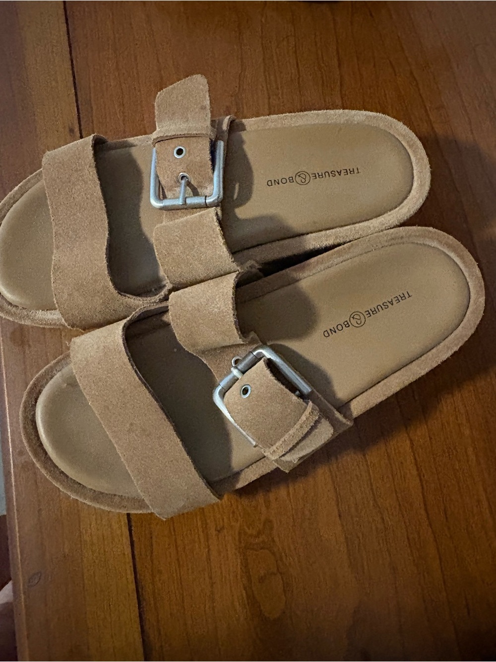 Treasure & Bond women’s Suede Tan Double-Buckle Slide Sandals